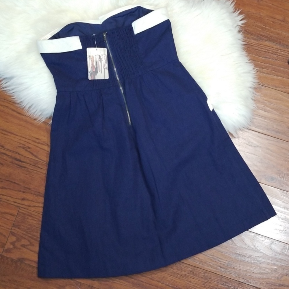 NWT Navy & White Strapless Sailor Pin Up Cotton Blend Mini Dress - Picture 2 of 8